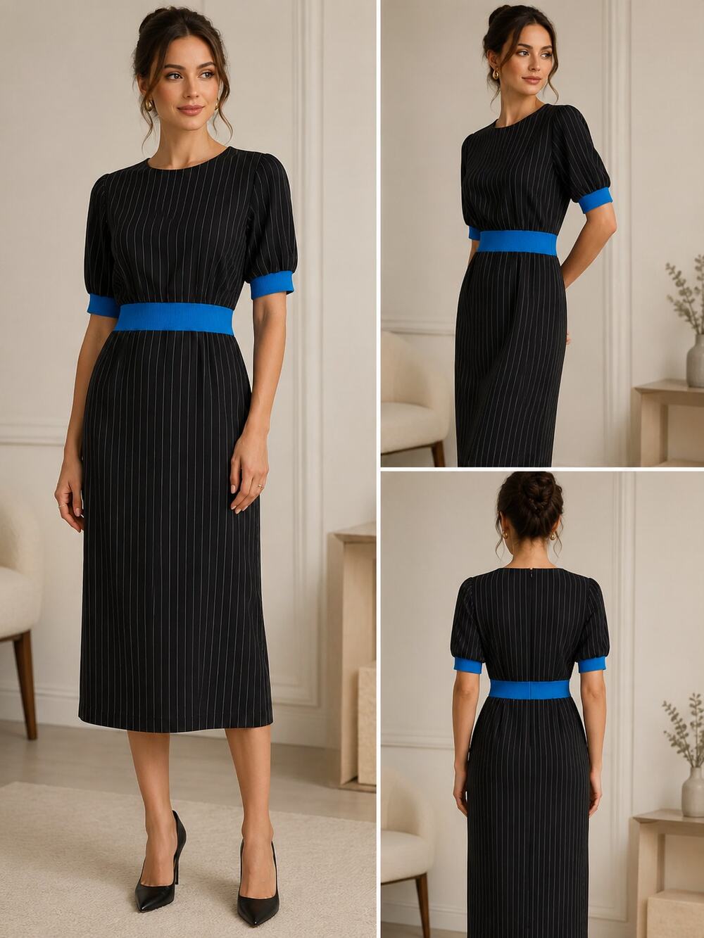 Moschino Boutique Pinstripe Midi Blue Accent Black Dress NWT Women's Size 4